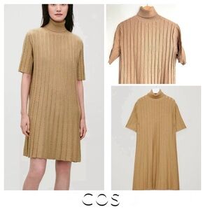 COS Beige Tan / Beige Scallop Pleated Knit Wool Blend Turtleneck Boho Dress Sz S